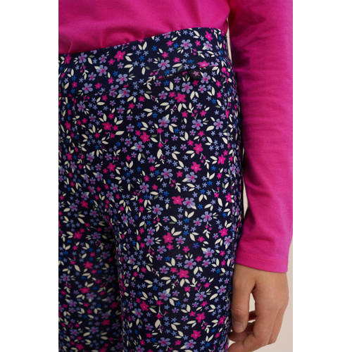 WE Fashion flared broek met all over print donkerblauw roze paars Meisjes Viscose 98