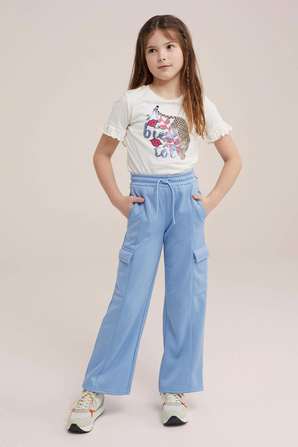 Blauwe meisjes WE Fashion straight fit joggingbroek van polyester met elastische tailleband met koord en effen
