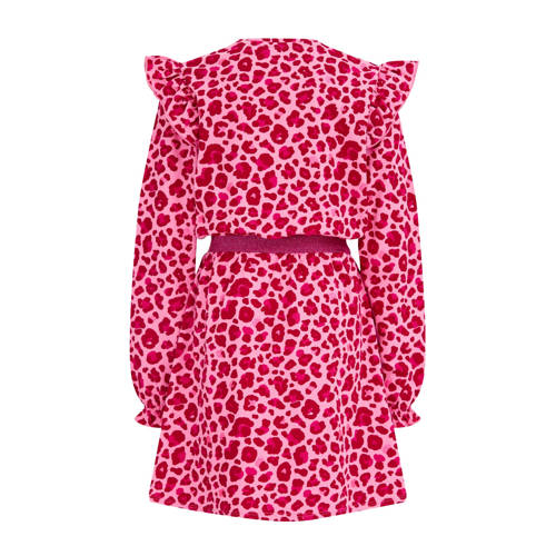 WE Fashion jurk met dierenprint en ruches roze Meisjes Stretchkatoen Ronde hals 110 116