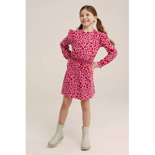 WE Fashion jurk met dierenprint en ruches roze Meisjes Stretchkatoen Ronde hals 98 104