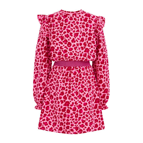 WE Fashion jurk met dierenprint en ruches roze Meisjes Stretchkatoen Ronde hals