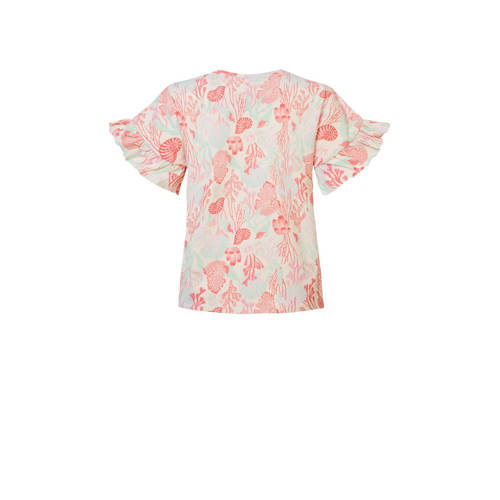 Noppies T-shirt met all over print en ruches roze wit Meisjes Stretchkatoen Ronde hals 104