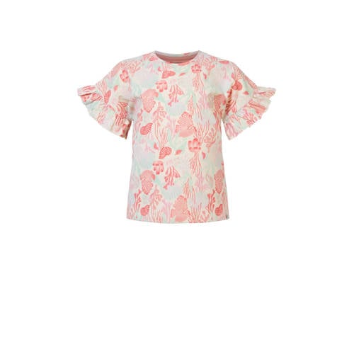 Noppies T-shirt met all over print en ruches roze/wit Meisjes Stretchkatoen Ronde hals