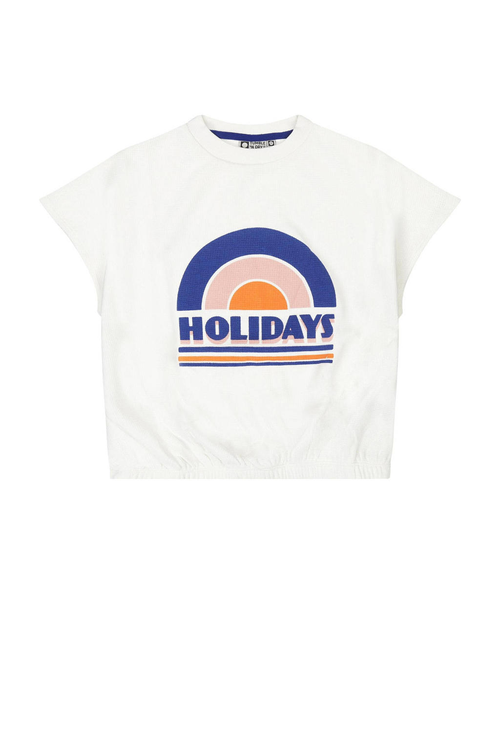 Wit, blauw en roze meisjes Tumble 'n Dry T-shirt Bonita Springs met printopdruk, kapmouwtjes en ronde hals