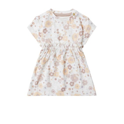 Noppies baby jurk met all over print en ruches beige/wit Meisjes Biologisch katoen Ronde hals