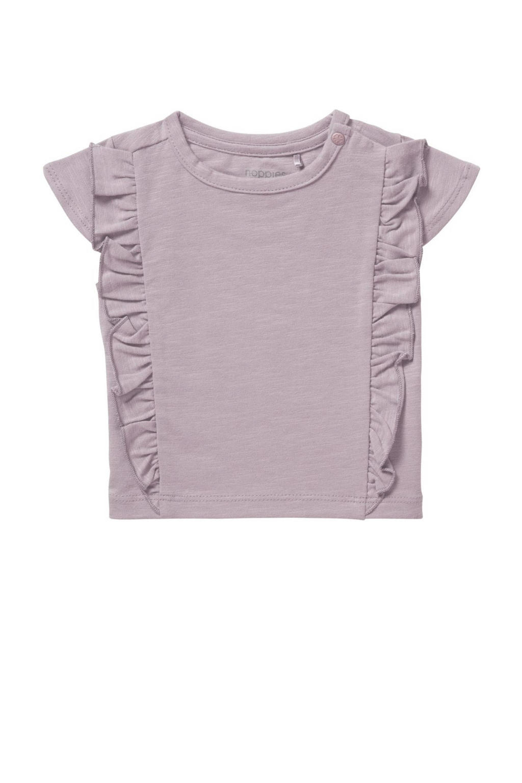 Paarse meisjes Noppies baby T-shirt van katoen met effen, korte mouwen, ronde hals, drukknoopsluiting en ruches