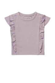 thumbnail: Paarse meisjes Noppies baby T-shirt van katoen met effen, korte mouwen, ronde hals, drukknoopsluiting en ruches