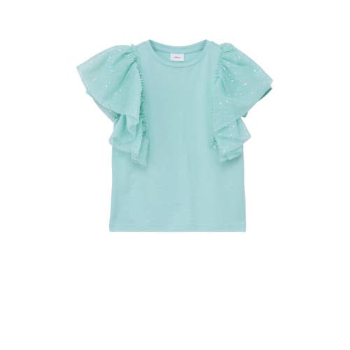 s.Oliver T-shirt met ruches turquoise Blauw Meisjes Katoen Ronde hals Effen - 104/110