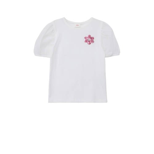 s.Oliver T-shirt met printopdruk en pailletten wit Meisjes Katoen Ronde hals