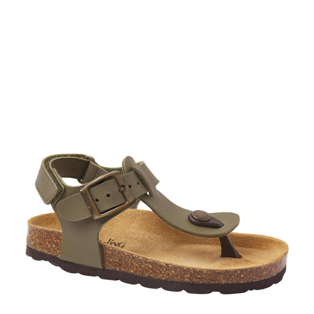 Kakikleurige jongens Kipling Juan 3 sandalen van imitatieleer met gesp en effen