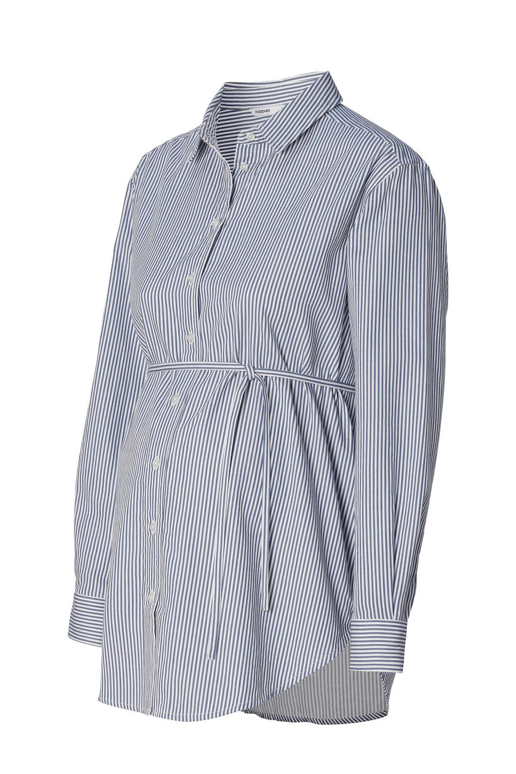 Blauw en witte dames Noppies maternity gestreepte zwangerschaps- en voedingsblouse Arles met lange mouwen, klassieke kraag en knoopsluiting