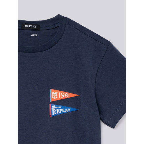 Replay T-shirt met printopdruk donkerblauw Jongens Katoen Ronde hals Printopdruk 104