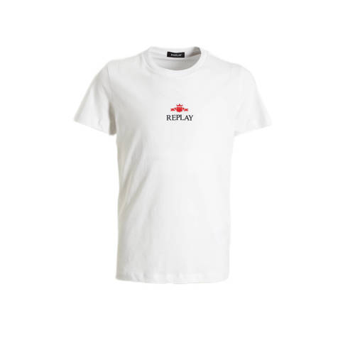 REPLAY T-shirt met logo donkerblauw Wit Jongens Katoen Ronde hals Logo