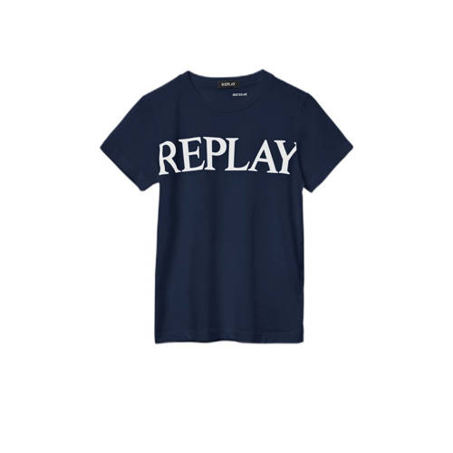REPLAY T-shirt met tekst donkerblauw Jongens Katoen Ronde hals Tekst