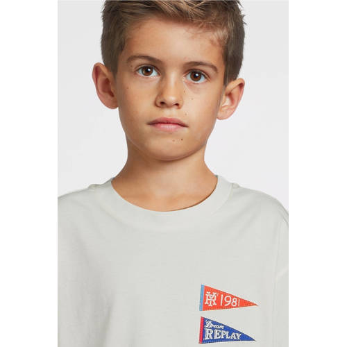 Replay T-shirt met printopdruk offwhite Wit Jongens Katoen Ronde hals Printopdruk 176