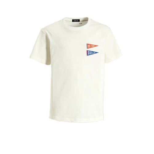 REPLAY T-shirt met printopdruk offwhite Wit Jongens Katoen Ronde hals Printopdruk
