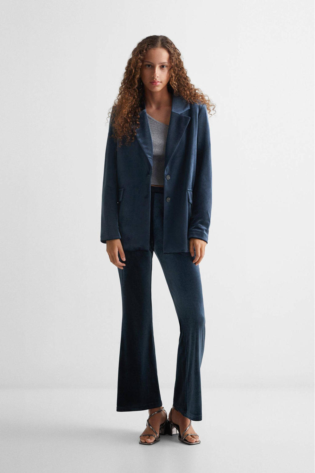 Blauwe meisjes Mango Kids blazer van polyester met effen, lange mouwen, reverskraag, knoopsluiting en textuur