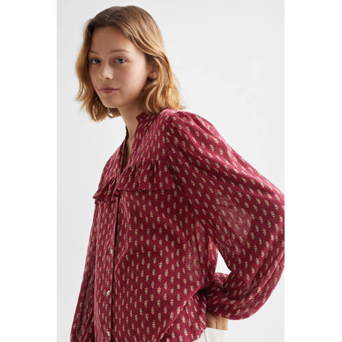 Mango Kids blouse met all over print en ruches donkerrood ecru Meisjes Modal V-hals 152(XXS)