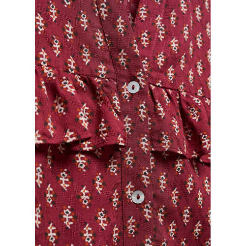 Mango Kids blouse met all over print en ruches donkerrood ecru Meisjes Modal V-hals 152(XXS)