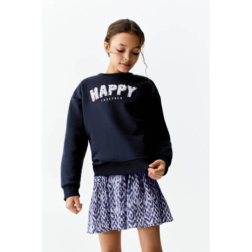 Mango Kids sweater met tekst donkerblauw Tekst 116