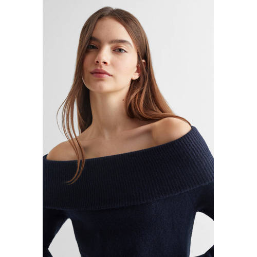 Mango Kids gebreide off shoulder jurk marine Blauw Effen 152(XXS)