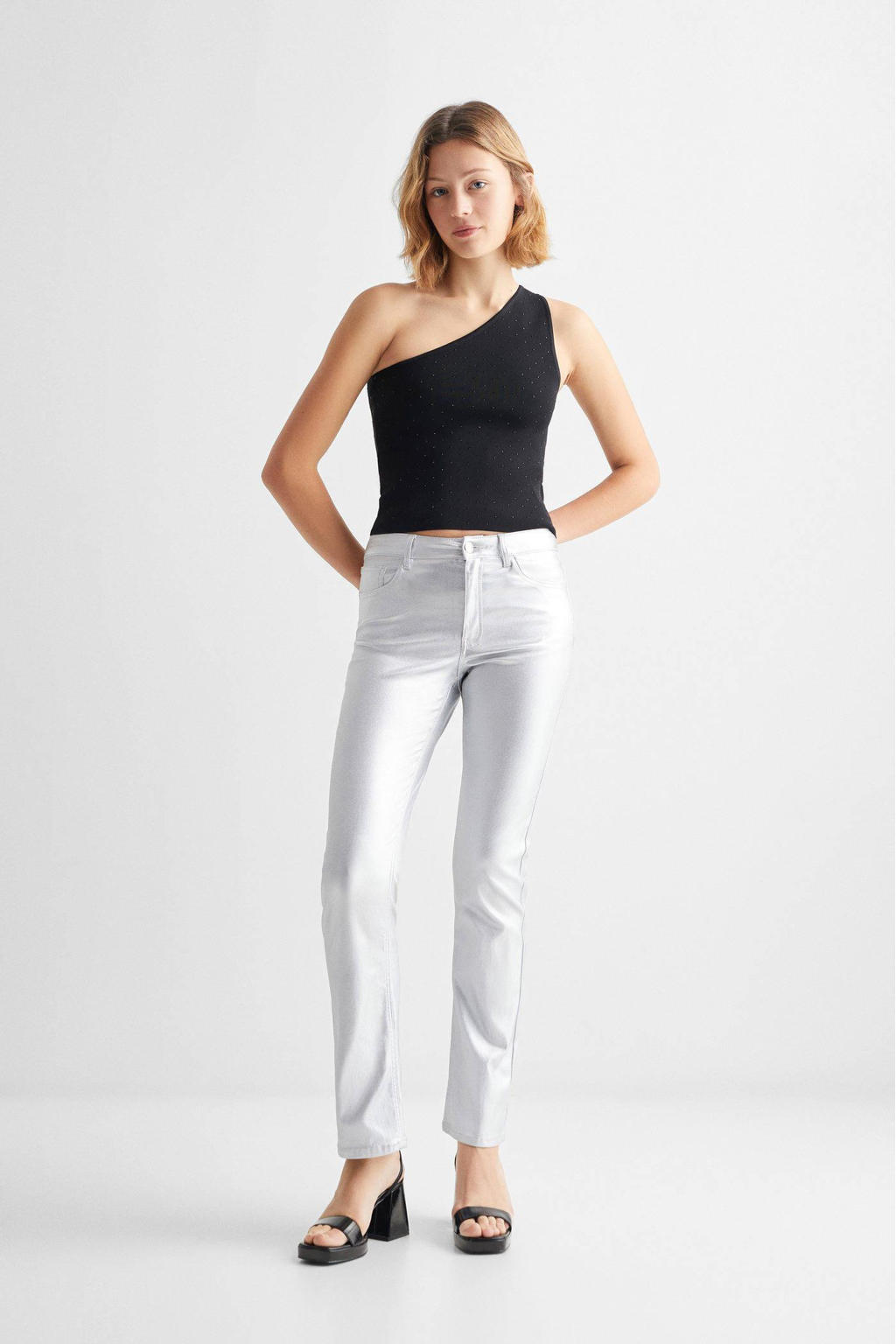 Zilverkleurige meisjes Mango Kids straight fit broek van viscose met rits- en knoopsluiting en effen