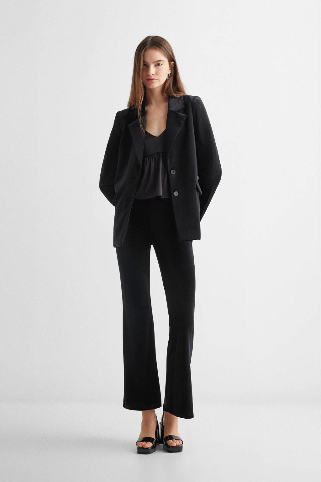 Zwarte meisjes Mango Kids fluwelen blazer van polyester met effen, lange mouwen, reverskraag, knoopsluiting en textuur