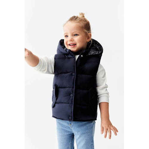 Mango Kids bodywarmer donkerblauw Meisjes Polyamide Capuchon Effen 86