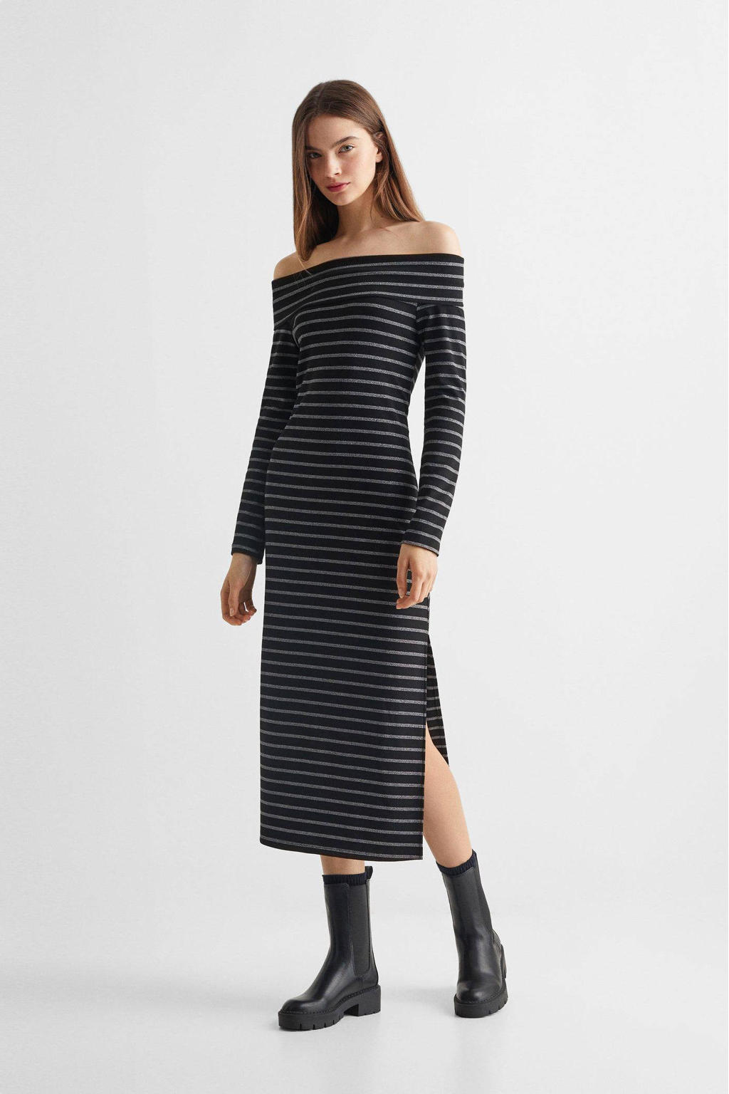 Zwart en grijze meisjes Mango Kids gestreepte off shoulder bodycon jurk van polyester met lange mouwen en split