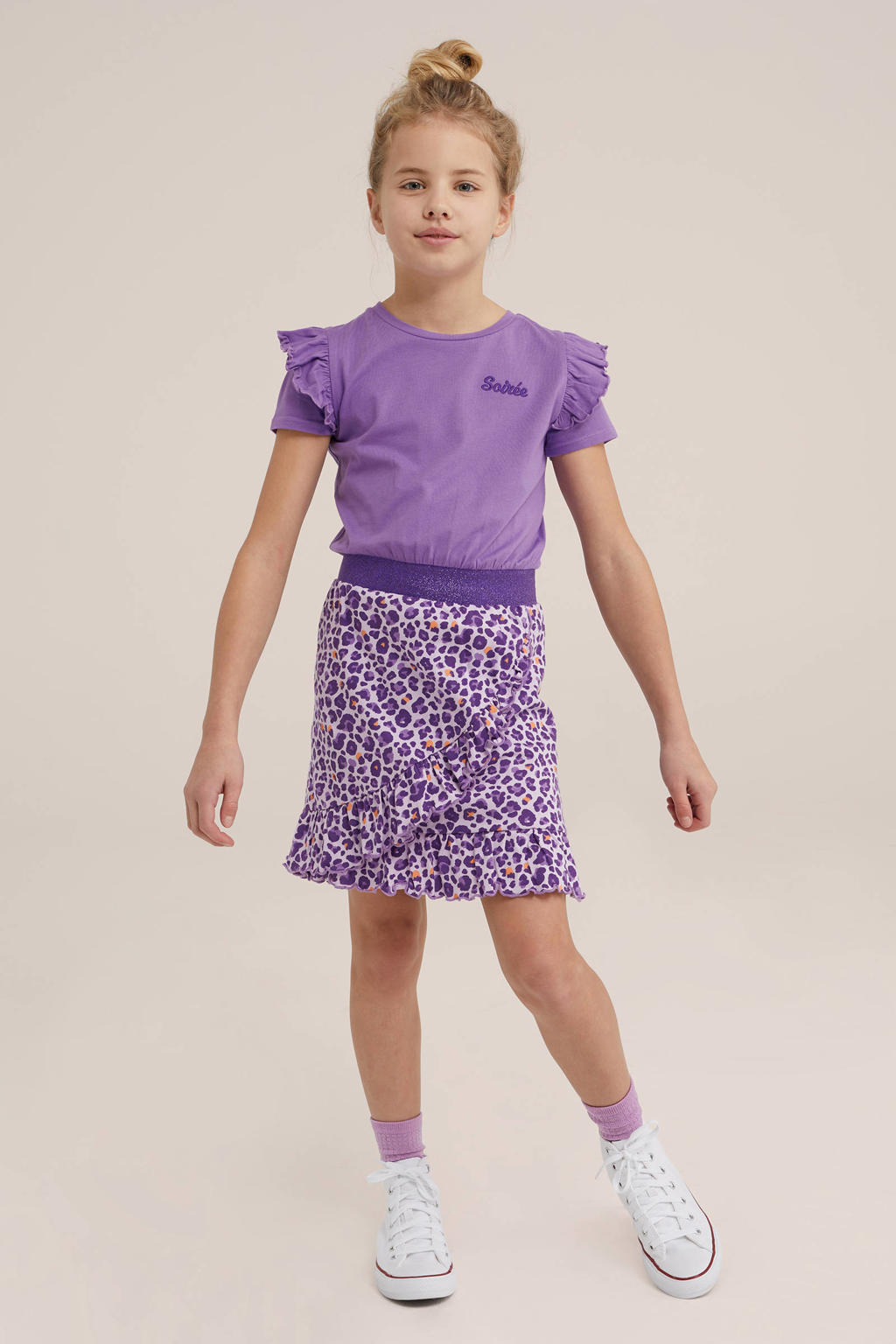 Paarse meisjes WE Fashion jurk met ruches van katoen met korte mouwen en ronde hals