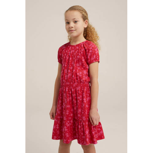 WE Fashion gebloemde jurk rood roze Meisjes Katoen Ronde hals Bloemen 110 116
