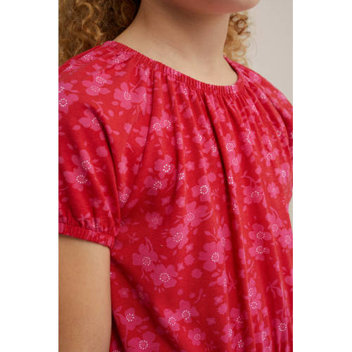 WE Fashion gebloemde jurk rood roze Meisjes Katoen Ronde hals Bloemen 92