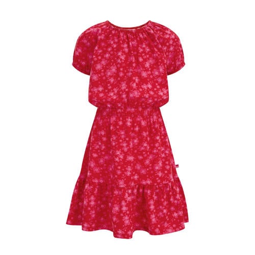 WE Fashion gebloemde jurk rood/roze Meisjes Katoen Ronde hals Bloemen