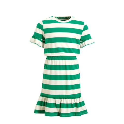 WE Fashion gestreepte jurk groen/wit Meisjes Katoen Ronde hals Streep