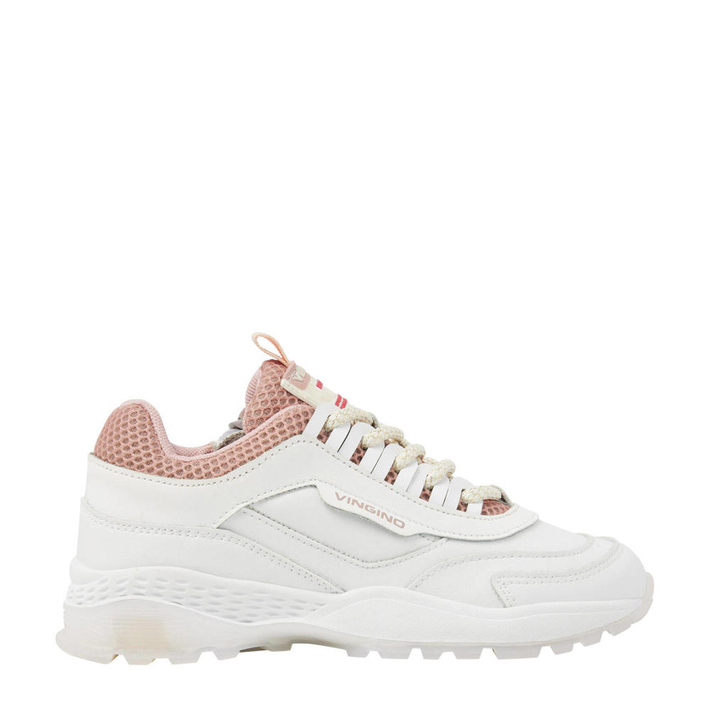 Wit en roze meisjes Vingino Fenna II leren sneakers van leer/voering: textiel met veters