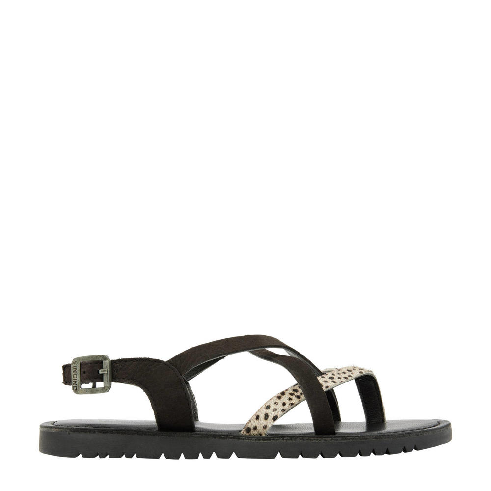 Zwart en witte meisjes Vingino Coco leren sandalen van leer+ponyhair/voering: leer met gesp