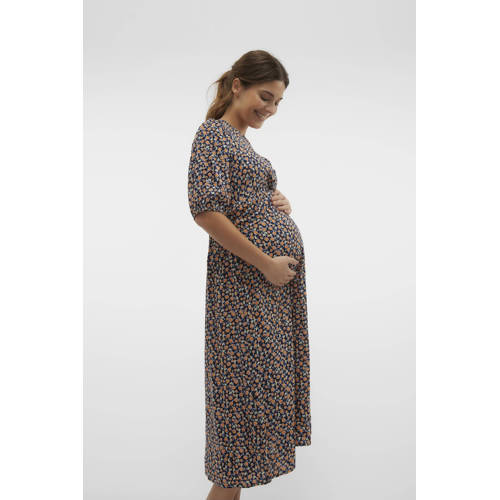 Mamalicious zwangerschapsjurk met all over print donkerblauw oranje Dames Viscose Ronde hals S