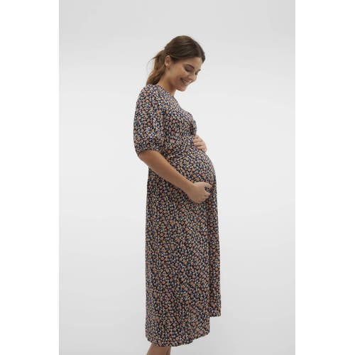 Mamalicious zwangerschapsjurk met all over print donkerblauw oranje Dames Viscose Ronde hals S