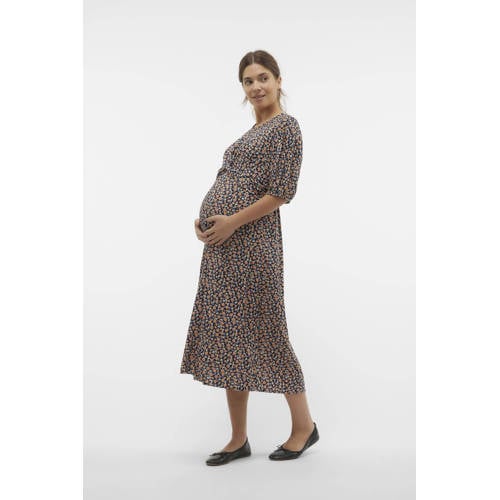Mamalicious zwangerschapsjurk met all over print donkerblauw oranje Dames Viscose Ronde hals XXL
