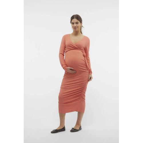 Mamalicious zwangerschapsjurk zalmroze Dames Stretchkatoen Overslagkraag S