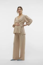 thumbnail: Beige dames MAMALICIOUS loose fit broek patroon van polyester met regular waist en elastische tailleband