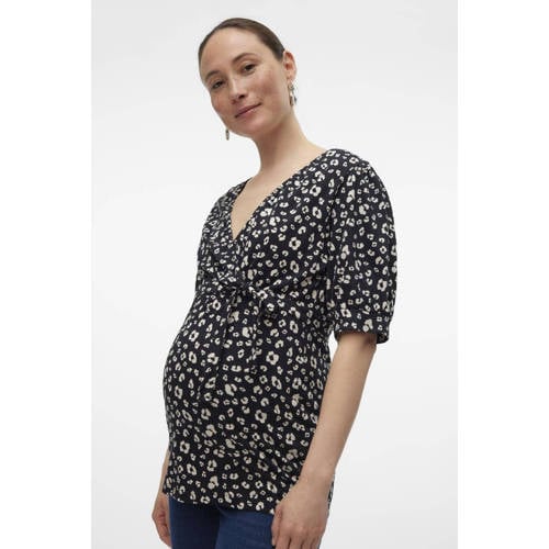 Mamalicious zwangerschapstop MLHAZELA met all over print en overslag detail zwart wit Dames Katoen V-hals M