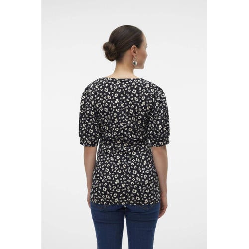 Mamalicious zwangerschapstop MLHAZELA met all over print en overslag detail zwart wit Dames Katoen V-hals M