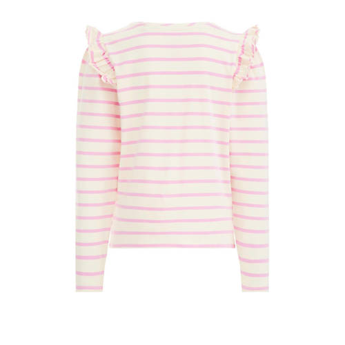 WE Fashion gestreepte longsleeve wit roze Meisjes Stretchkatoen Ronde hals 98 104