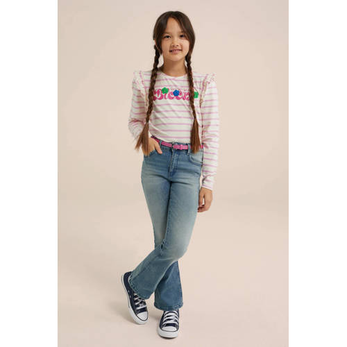 WE Fashion gestreepte longsleeve wit roze Meisjes Stretchkatoen Ronde hals 98 104