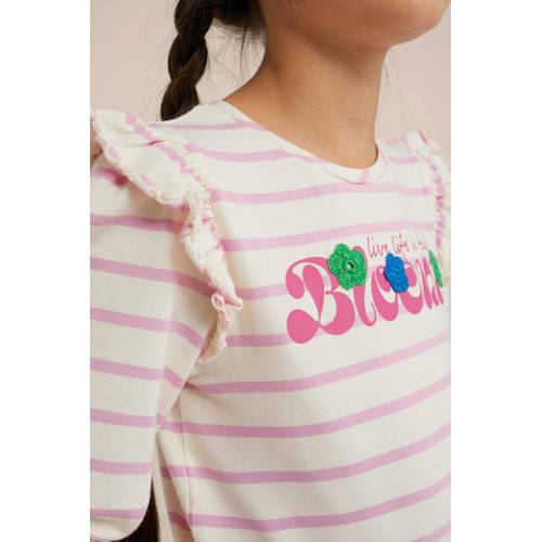 WE Fashion gestreepte longsleeve wit roze Meisjes Stretchkatoen Ronde hals 98 104