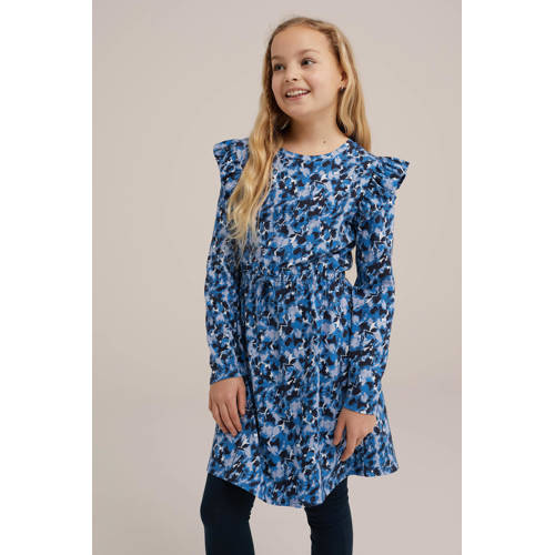 WE Fashion jurk met all over print en ruches blauw lila zwart Meisjes Katoen Ronde hals 98 104