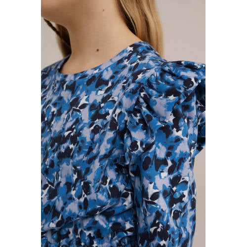 WE Fashion jurk met all over print en ruches blauw lila zwart Meisjes Katoen Ronde hals 98 104
