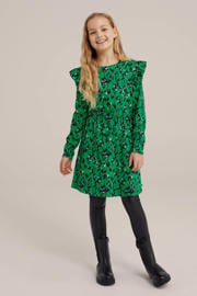 thumbnail: Groen en zwarte meisjes WE Fashion A-lijn jurk met ruches felgroen van katoen met lange mouwen en ronde hals