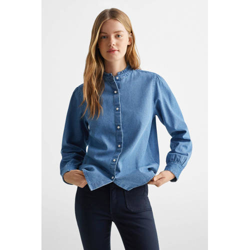 Mango Kids blouse middenblauw Meisjes Denim Opstaande kraag Effen 152(XXS)